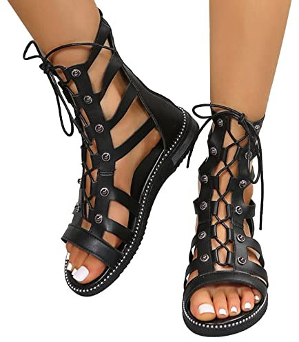 Onsoyours Sandali Donna Moda Gladiator Romani con Cinturino Casual al Ginocchio Stivali Alti Eleganti Estivi Spiaggia Sandals Beach Scarpe B Nero 35 EU