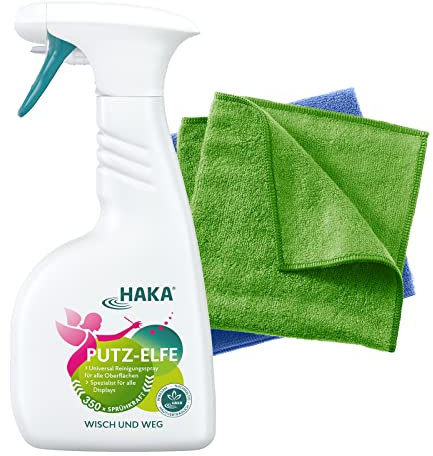 HAKA Set Sauberzauber | HAKA Putz-Elfe Glasreiniger 500ml | 2 Stk. Bambus-Baumwolltücher | Universalreiniger zur Reinigung von Fenster, Spiegel, Smartphone, Bildschirm | Streifenfrei putzen