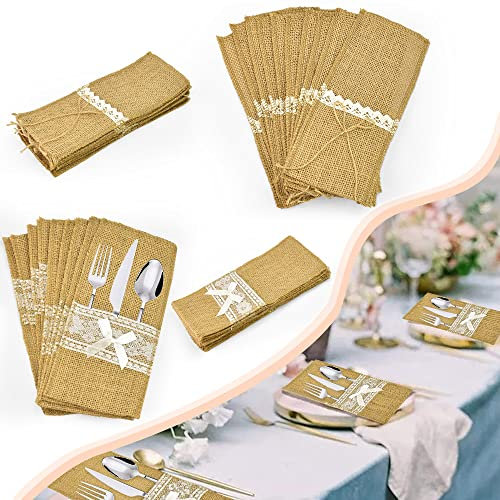 VCRANONR 20 Stück Bestecktaschen Jute mit Spitze Wiederverwendbar Besteckbeutel zwei Stile Bestecktaschen Jute Vintage Sackleinen Besteckhalter Hochzeitsdeko Tischdeko Spitze Besteck Tasche für Party