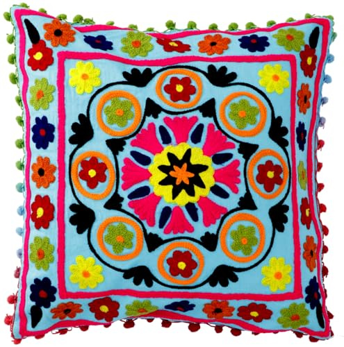 GURU SHOP Boho Kissenhülle, Farbenfrohes Besticktes Folklore Kissen im Mexikanischem Style - Türkis/pink, 40x40 cm