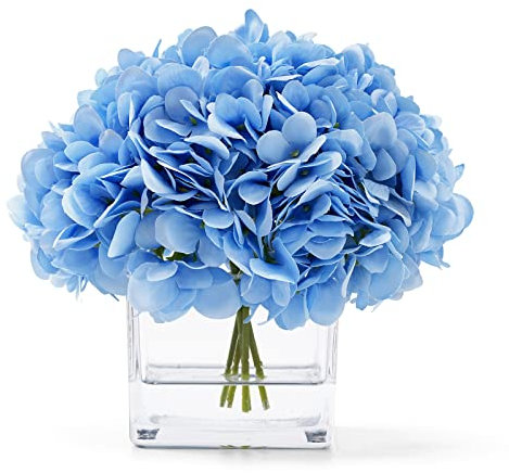 RubyStory Seidenblaue künstliche Hortensien in Vase mit künstlichem Wasser, Seidenblumenarrangements in Vase für Heimdekoration, Hochzeitstisch (blau)