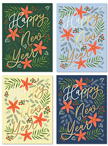 SWEETZER & ORANGE Happy New Year Cards Set with Envelopes - 24 Pack of Thick 300gsm Holiday Decor Sheets, Greeting Cards, Joyful Holidays & Thank You Messages
