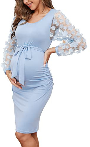Umstandskleid, Midilänge, lange Rüschärmel aus floralem Netzstoff, figurbetontes Kleid für Babyparty, Fotoshooting, Blau, Groß