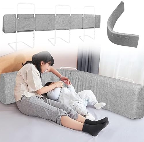 YUENFONG 180cm Bettgitter Bettschutzgitter Rausfallschutz für Kinder, Verformbar Kinderbettgitter Seitenschutz mit 5-Loch Verstellbare, Anti-Rausfallschutz, Leinengrau