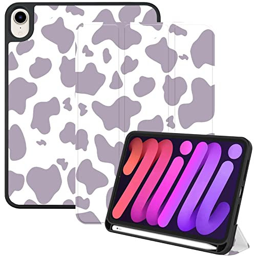 Deokke Compatible with iPad Mini 7 Case(A17 Pro) 2024 iPad Mini 6 Case 8.3 Inch 2021,Pencil Holder Soft Back Auto Sleep/Wake Cover Women Men Girls Cute-Purple Cow