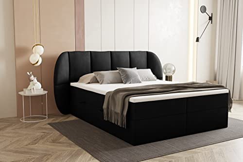TRADA Bilbao Boxspringbett mit Bettkästen H3 Pocket Matratze Kopfteil mit Dekorative Ohren (Schwarz, 160 x 200 cm)