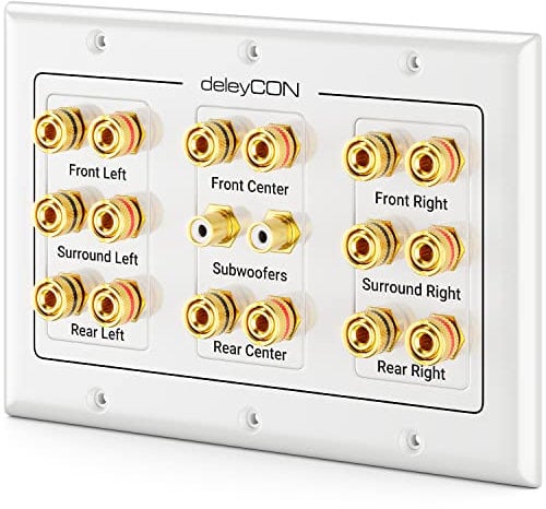 deleyCON Toma de Conexión Toma de Pared para Altavoz Placa de Pared con Enchufes Tipo Banana para Sistema Surround Sound 7.1 y Subwoofer para Cine en Casa