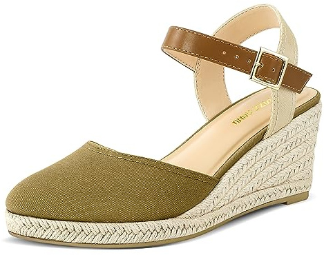 PIZZ ANNU Womens Wedge Sandals Canvas Ladies Espadrilles Summer Elegant Buckle Mid Heel Platform Closed Toe Shoes Camel Size 8