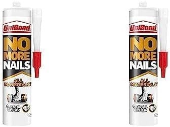 UniBond 2492492 No More Nails All Materials Crystal Clear Construction Adhesive, All Materials Grab Adhesive, High Strength Adhesive Bonding, Clear, 290 g Cartridge (Pack of 2)