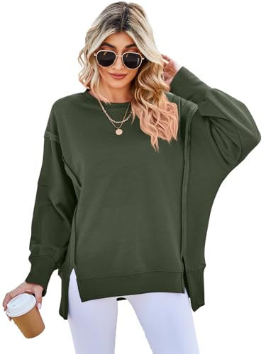 SotRong Womens Oversized Crewneck Sweatshirts Long Sleeve Side Slits Casual Pullover Sweatshirt Tops Loose Baggy Y2K Trendy Tops Fashion Streetwear Army Green S