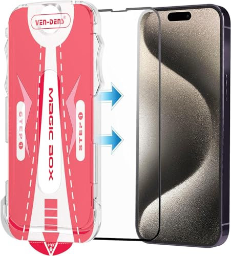 VEN-DENS Screen Protector for iPhone 15 Pro Max, Black Edge Full Coverage Edge to Edge Tempered Glass Film with Easy Installation Tool, Case-Friendly, HD Clear For iPhone 15 Pro Max 6.7