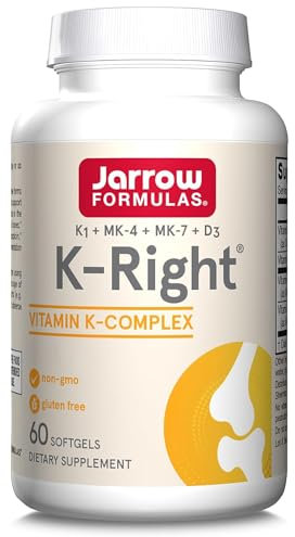 Jarrow Formulas, K-Right Vitamin K Complex, Depot, avec Vitamine D3, Vitamine K1, MK-4 et MK-7, 60 Capsules molles, Sans Gluten, Sans Soja, Sans OGM