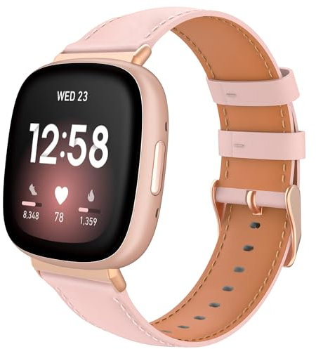 TiMOVO Leder Armband Kompatibel mit Fitbit Versa 4/Fitbit Versa 3/Fitbit Sense 2/Sense Uhrenarmband, Genarbtes Echtes Klassisches Leder Ersatzarmband für Damen und Herren, Rosa