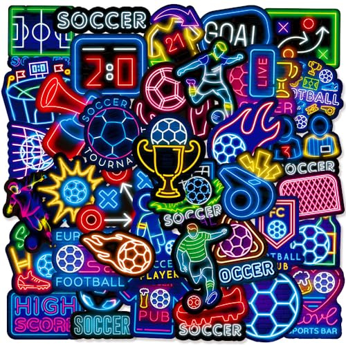 50PCS Soccer Stickers, Cool Neon Football Vinyl Waterproof Stickers for Scrapbook Water Bottles, Luggage, Teaching Incentives, Soccer Team Gifts for Kids, Teens and Adults