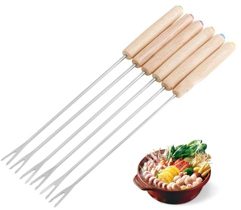 6 Tenedores para Fondue, Palitos de Fondue de Acero Inoxidable,de Madera, Tenedores para Frutas, Resistentes Al Calor para Chocolate y Queso