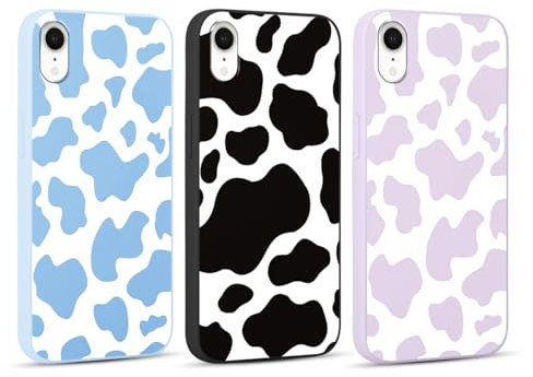 RUMDEY 3 Pack Cute Cow Print Girls Woman Phone Case for Apple iPhone XR 6.1 inches, Matte Soft Slim Shockproof TPU Bumper Cover for iPhone XR with Design, Blue&Purple&Black