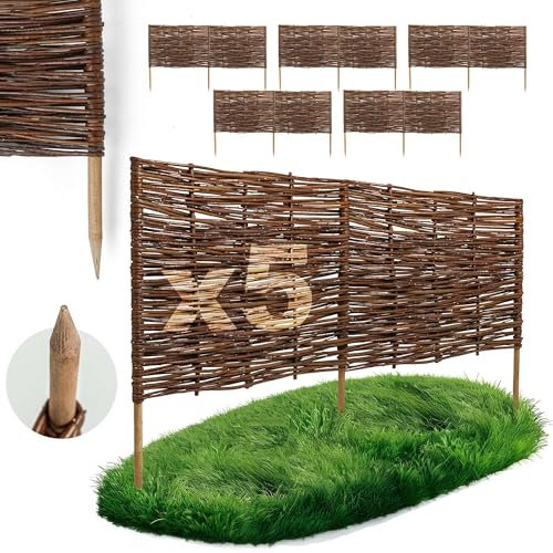 5 x BOGATECO Beeteinfassung aus Weide | 100 cm Lang & 40 cm Hoch | Holz-Zaun Rasenkante | Weiden-Zaun Steckzaun Perfekt für den Garten als Weg-Abgrenzung | Gartenzaun Weidezaun Zaunelemente