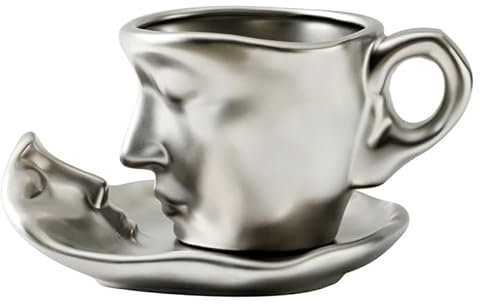 soulnioi Tasse à thé et soucoupe en céramique avec visage humain qui s'embrasse, tasse à café (260 ml), cadeau créatif pour les amis/la famille (argent)