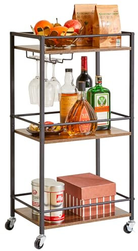 IBUYKE Home Bar Servierwagen,Kleiner Barwagen mit 3-Etagen, Mobiles Getränkeregal mit Weinhaltern und Glashaltern,Mini-Bar für draußen, kleinen Raum, Küche Rustikales Braun TMJ519H