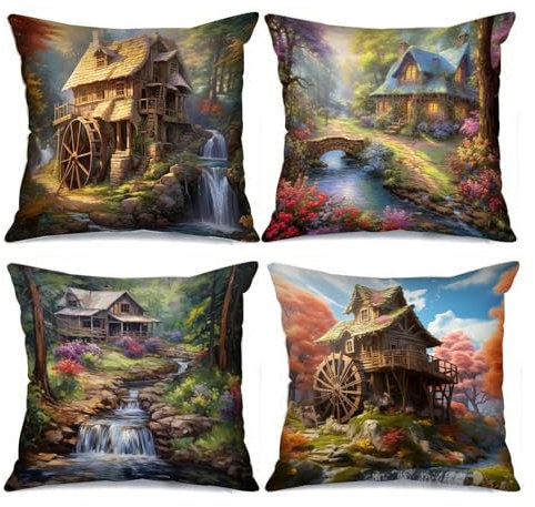 Tucocoo Rustikale Kissenbezüge mit Holzhütte, dekorativ, 45 x 45 cm, 4 Stück, Bachwaldlandschaftskissenbezüge, modern, quadratisch, Holzhaus, Überwurfkissen für Sofa, Bett, Auto, Wohnzimmer