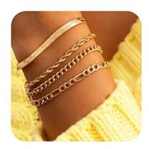 Krfy 4 Stück Armband Damen 14 K Edelstahl Charm Armband Gold Wasserfest Modeschmuck Armkette Seil Figaro Set