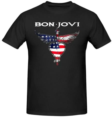 Bon Music Jovi Herren-T-Shirt, kurzärmelig, Rundhalsausschnitt, klassische Passform, lässig, Sport, dehnbar, Schwarz, Schwarz , S