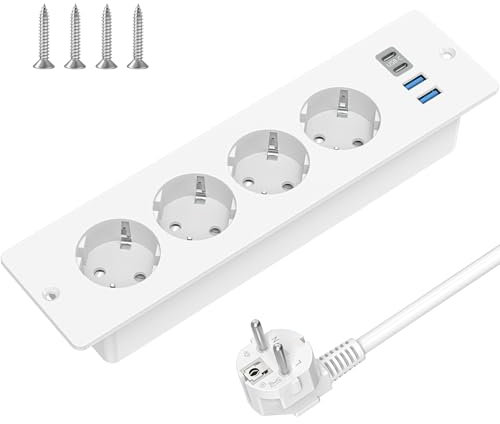 Tischplatte Versenkte Steckdose mit 2 USB C und 2 USB-A Anschluss, 4 Fach Einbausteckdose Steckdosenleiste mit 2m Kabel, Tischsteckdose Mehrfachsteckdose für Konferenztisch, Sofatisch (Weiß)