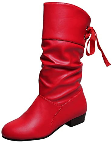 Moda donna tinta unita pieghe in pelle papillon indietro tacco spesso stivali medi comodi stivali da cowboy donna, Rosso, 37.5 EU