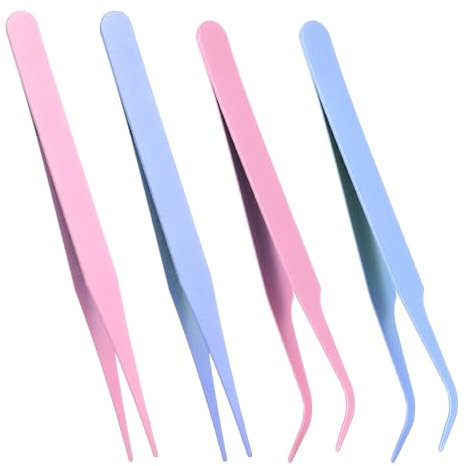 4 pinzas rectas curvadas, pinzas para pestañas, pinzas de punta fina para proyectos intrincados, álbumes de recortes, tarjetas, extensiones de pestañas, morado y rosa