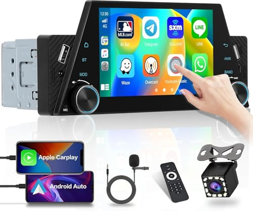Single Din Car Stereo Radio with Carplay and Android Auto, 5 inch IPS Touch Screen Radio Bluetooth 5.0 with Mirror Link FM Radio 3-USB/Type-C Slot + SWC Rear Camera Remote Control