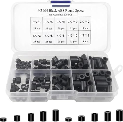 Schwarz 200 PCS ABS isolierte Säulenabstandshalter, Kunststoffhülse und Kissen, gewindeloser Kunststoffabstand für M3/M4 Schrauben, für 3D-Drucker, TV-Halterungen