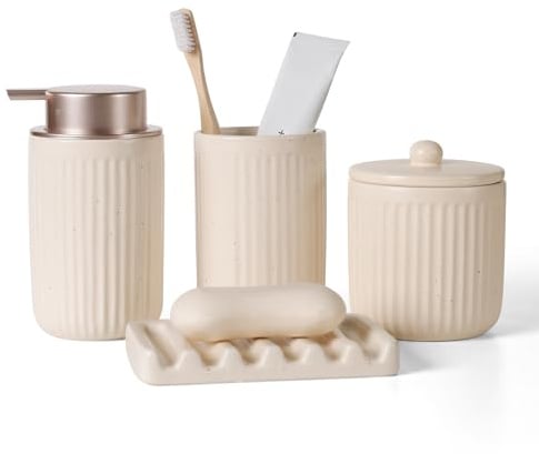 UMLACA Badezimmer Set Keramik, 4 Teiles Badezimmer Zubehör Set, Badezimmer Organizer mit Seifenspender, Seifenschale, Zahnputzbecher, Wattestäbchen Kanister, Hochwertiges Badezimmer Deko Set