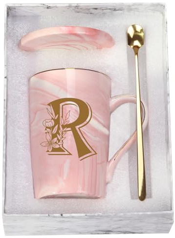 Letter R Personalized Initial Mugs with Flower, Letter R Personalized Novelty Coffee Mug, Novelty Letter Coffee Mugs for Women, Bridal Shower Gifts, Women's Initials Gifts Coffee Mug 14 Ounce Pink