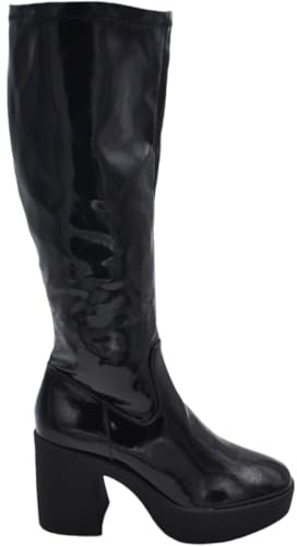 Stivali Donna Pelle Lucida Nero al Ginocchio con Fondo Gomma Comodo Zeppa Tacco Grosso 7 cm Elastico Combat