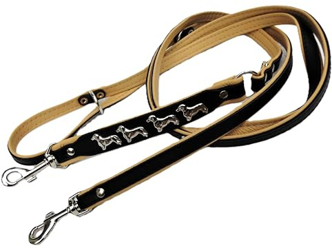 *DACKEL* HUNDELEINE - Leine - 220cm/13mm, Echt Leder, 3xVerstellbar- Schwarz - Rot - Blau - Braun (Schwarz/Beige)