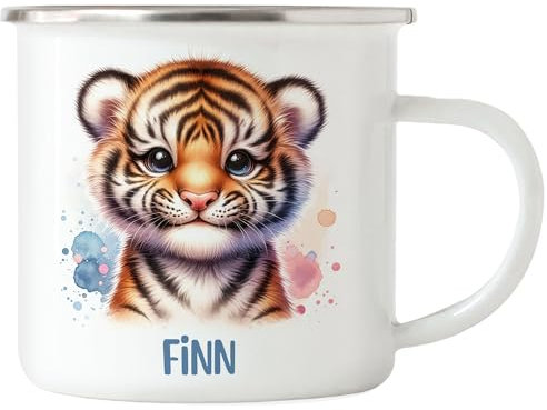Kiddle-Design Kindertasse mit Namen Personalisiert, Personalisierte Tasse Kinder mit Tiger, Namenstasse Tigertasse, Kinderbecher als Geschenk zur Taufe, Geburt Weihnachten - Emaille Tasse