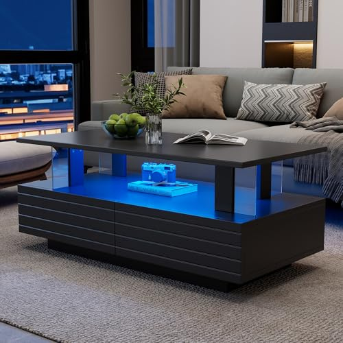 Goeria Schwarzer LED-Couchtisch mit Aufbewahrungsfunktion, Acryl-LED-wohnzimmertisch, bistelltisch, Büros, doppelschichtiger rechteckiger Couchtisch mit Bluetooth-Handy-App-Steuerung (Schwarz)