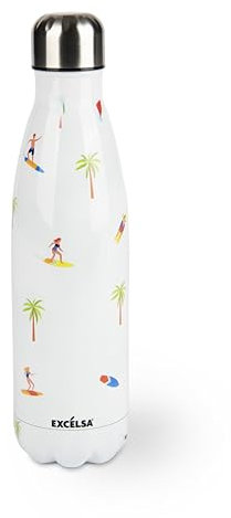 Excelsa Honolulu Bouteille Thermique 500 ml Acier Inoxydable Décoration Surf et Palmiers