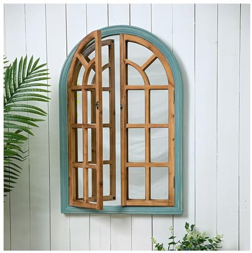 Espejo grande arqueado para ventana, decoración de pared de madera envejecida para sala de estar y dormitorio, decoración de panel colgante de ventana estilo granja (verde)
