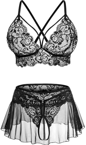 JFAN Completo Intimo Pizzo 3 Pezzi Trasparente Babydoll Notte Floreale con Scollo a V Minigonna e G-String Set