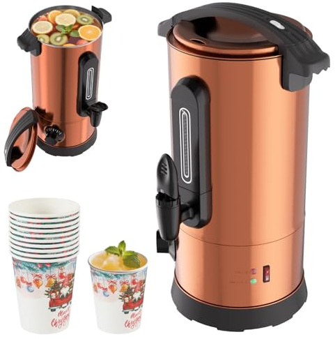 Vkechh Glühweinkocher 8L / 1500W, Einkochautomat aus Edelstahl Glühweinkessel Glühweinautomat Heißgetränkeautomat Temperatur von 30-110°C Heißwasserspender mit 10x Becher Kupfer