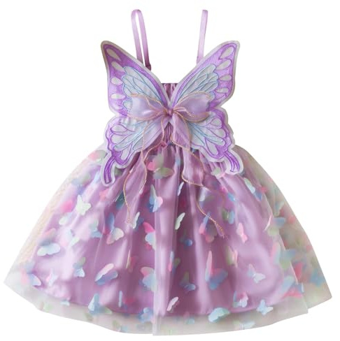 DivingBirds Vestito da bambina con farfalla in tulle senza maniche estate matrimonio compleanno festa festa fiori abiti per ragazze 6 mesi-5 anni, viola chiaro, 3-4 Anni
