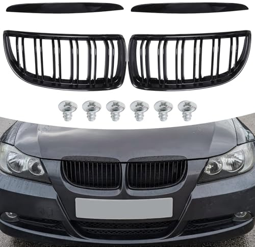 MospdyGear 51137120007 Kühlergrill, Ersatz für BMW 3er Reihe E90 E91 2006-2008, Doppelter Nieren-Grill in schwarzem Hochglanz-Finish
