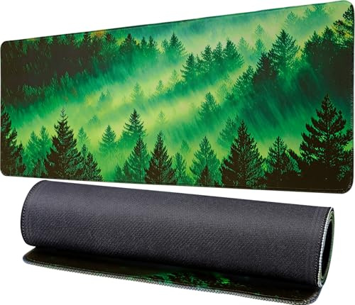 Preocea Mouse Pad, Large Gaming Mouse Pad, Gaming Keyboard Mat, Non Slip Rubber Base & Stitched Edges Mousepad, Green Forest Computer Desk Mat for Office Game Home (80 x 30 cm)