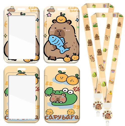 FOSDICK 2 Pcs Capybara Porte Badge, Capybara Tour de Cou Badge, Porte Carte Tour de Cou avec Cordon, Badge Holder Swivel Lobster Clasp avec Lanières Rétractable pour Infirmières Enseignants Étudiants