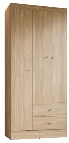 ACTUAL DIFFUSION Versa Armoire Penderie 3 Portes 2 Tiroirs 5 Niches Chêne L 81.2 H 182.4 P 46.3 cm