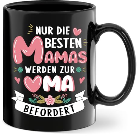 Tasse werdende Oma - Nur die besten Mamas werden zur Oma befördert | Geburt Geschenk Kaffeetasse Geschenkidee für Werdende Großmutter, Schwangerschaft Verkünden, Tasse Schwarz, Keramik 350 ml
