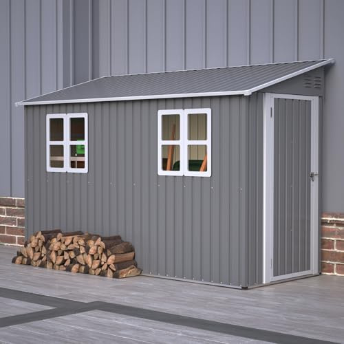 Abri de Jardin Métal Galvanisé avec Fondation, Cabane de Jardin Extérieur Résistant aux Intempéries, Cabanon de Rangement Spacieux, Toit Incliné Anti-Pluie, Marron (4x10 FT)