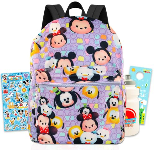 Disney Kawaii Backpack Set - Bundle with 16” Backpack Featuring Mickey, Minnie, Donald, Goofy, More Plus Water Bottle, Stickers | Disney Kawaii School Bag