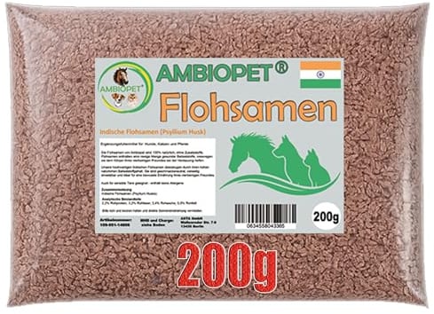 Ambiopet Flohsamen (Psyllium Husks) im 200g Beutel, eine natürliche, geschmacksneutrale Ballaststoffquelle für den täglichen Bedarf von Hund, Katze und Pferd